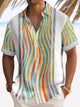 Alohadaddy Vintage Abstract Geometric Khaki Men's Bowling Shirt Stretch Aloha Camp Pocket Shirts Big Tall