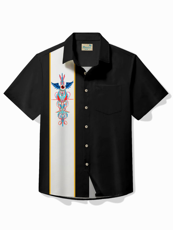 Alohadaddy Vintage Eyeball Pinstripe Panel BowLing Printed Chest Pocket Shirt Plus Size Men&