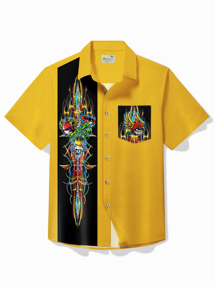 Alohadaddy Vintage Pinstripe Flying Eyeball Skull Bowling Print Chest Pocket Shirt Large Size Men&