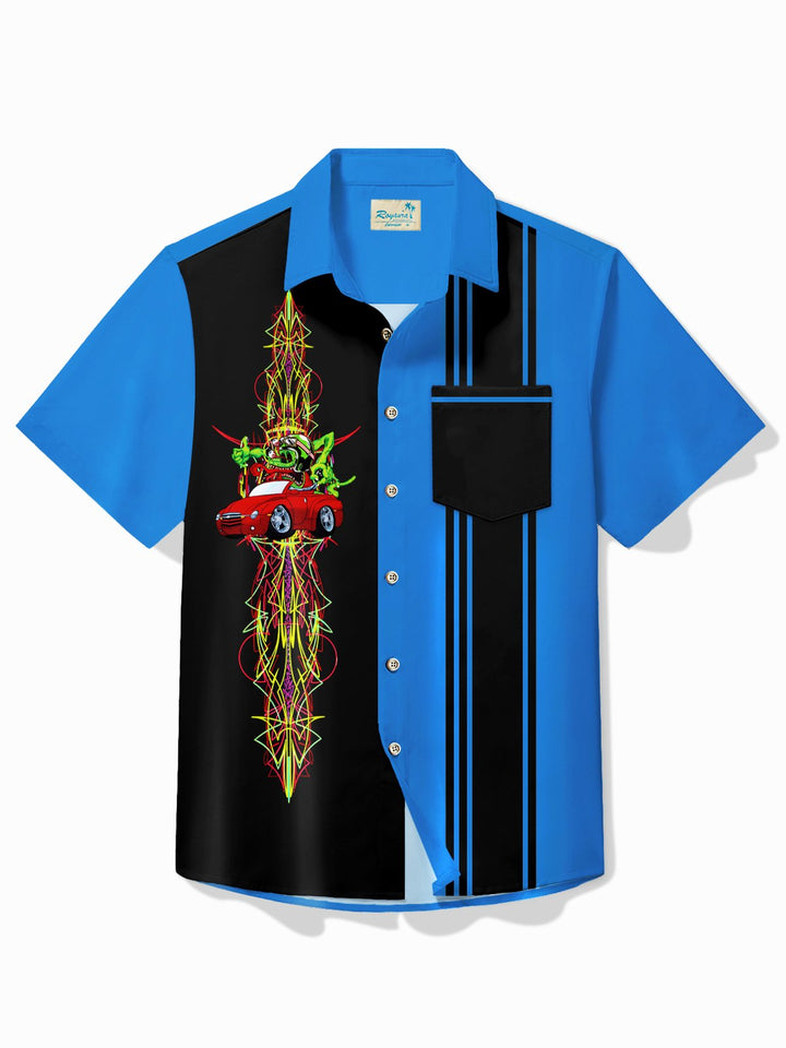 Alohadaddy Vintage Pinstripe Car Panel BowLing Printed Chest Pocket Shirt Large Size Men&