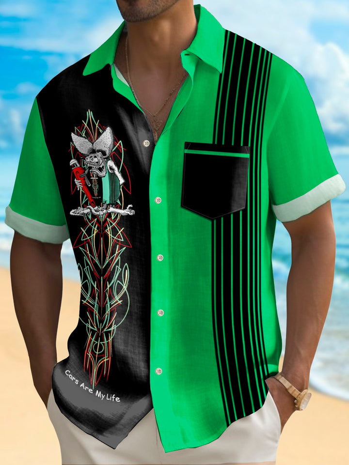 Alohadaddy Vintage Pinstripe Rat Fink Panel BowIing Printed Chest Pocket Shirt Large Size Men&