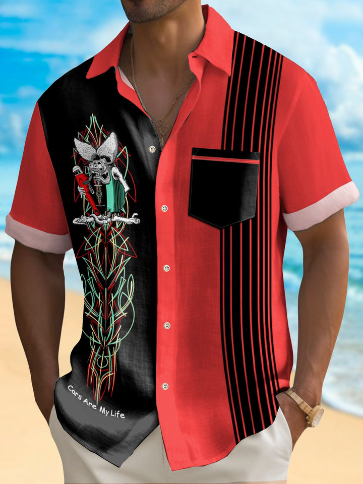 Alohadaddy Vintage Pinstripe Rat Fink Panel BowIing Printed Chest Pocket Shirt Large Size Men&