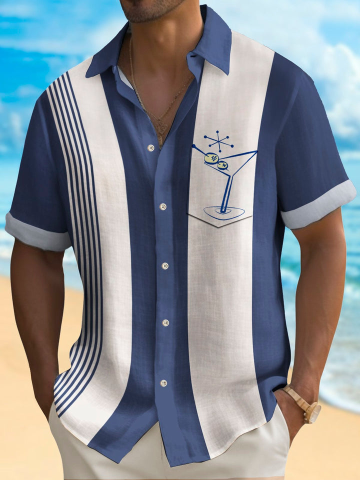 Alohadaddy Vintage Bowling Glass Print Chest Pocket Shirt Plus Size Men&