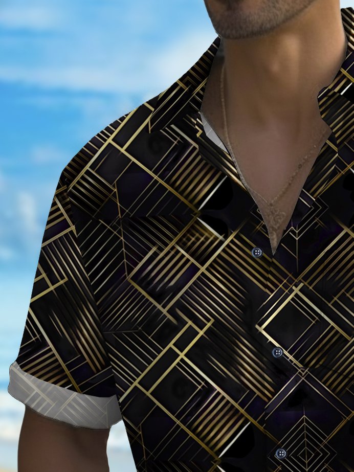 Alohadaddy Vintage Black Gold Geometric Line Art Print Chest Pocket Shirt Large Size Men&