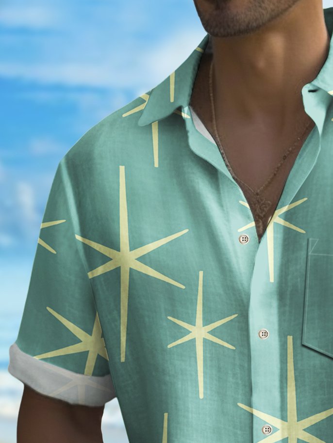 Alohadaddy Vintage Geometric Starburst Print Chest Pocket Shirt Plus Size Men&