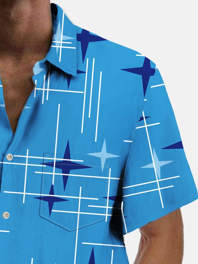 Alohadaddy Vintage Geometric Starburst Line Print Chest Pocket Shirt Plus Size Men&