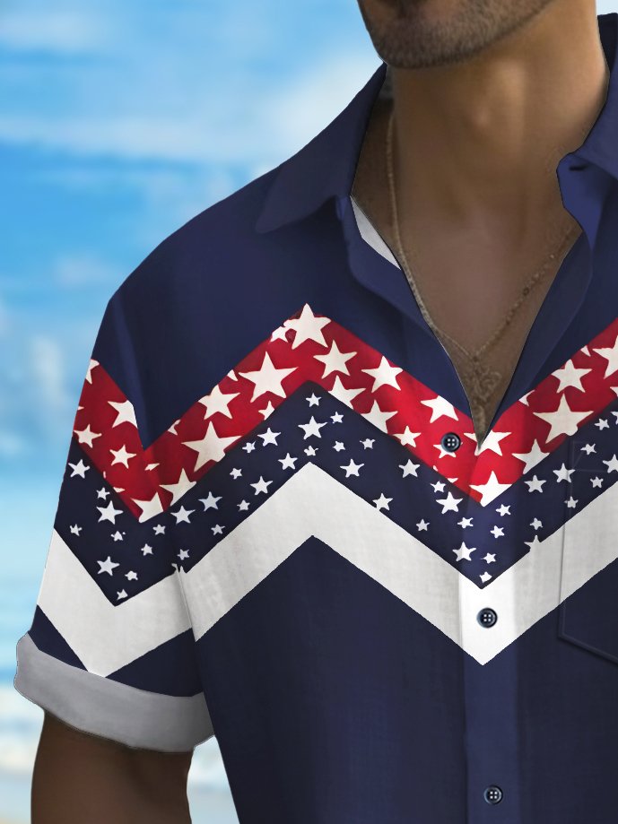 Alohadaddy Vintage Geometric Wave Pentagram Print Chest Pocket Shirt Plus Size Men&