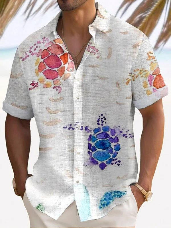 Camisa de manga corta con bolsillo abotonado para hombre con estampado artístico de tortuga marina hawaiana Alohadaddy
