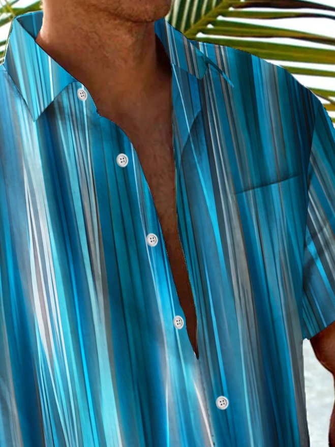 Alohadaddy Vintage Blue Abstract Gradient Stripe Print Chest Pocket Shirt Plus Size Men&