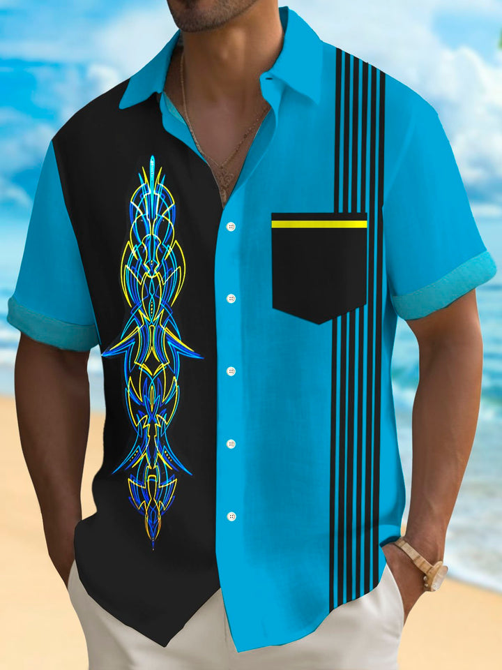 Camisa de manga corta con bolsillo abotonado y estampado de bolos de rayas vintage para hombre de Alohadaddy