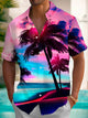 Alohadaddy Hawaiian Coconut Tree Gradient Sunset Landscape Print Men's Button Pocket Short Sleeve Shirt