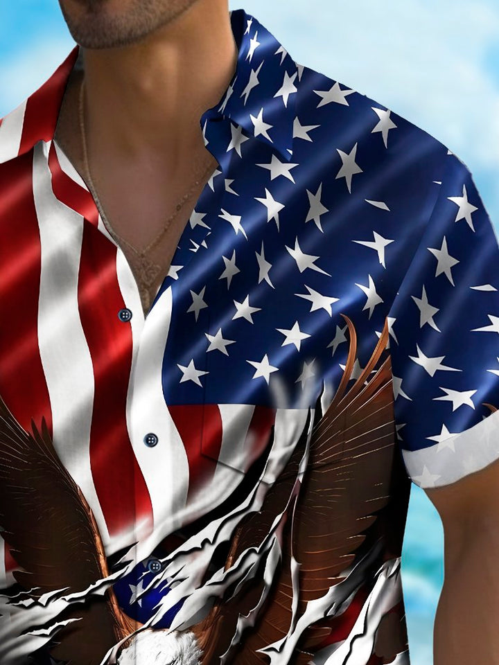 Camisa de manga corta transpirable informal con estampado de águila y bandera del Día de la Independencia para hombre de Alohadaddy Holiday, talla grande