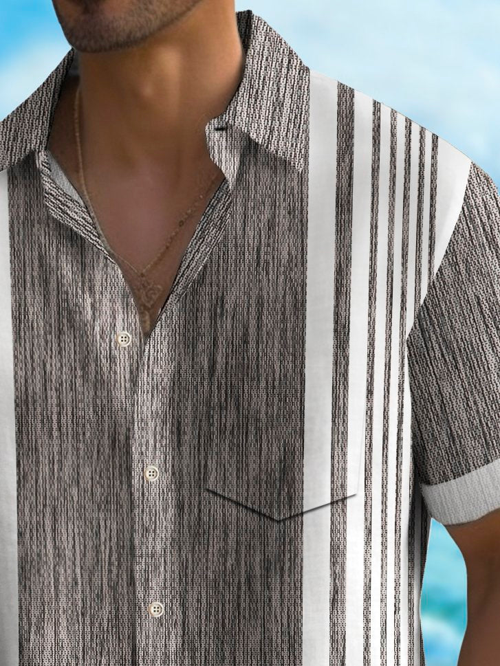 Alohadaddy Vintage Bowling Abstract Texture Line Print Chest Pocket Shirt Plus Size Men&