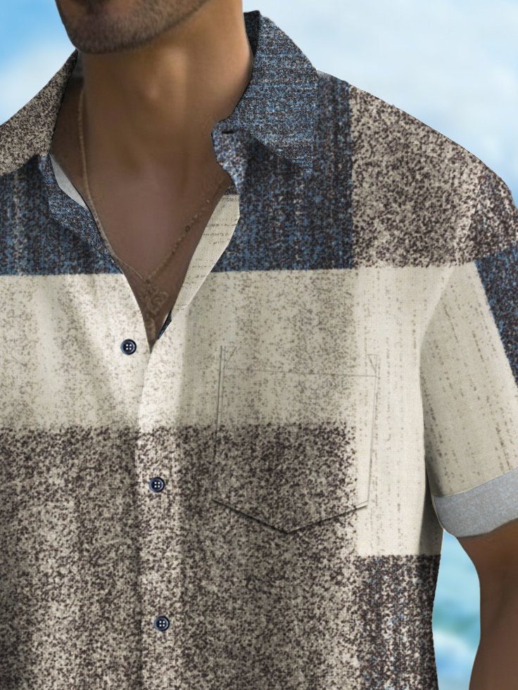 Alohadaddy Vintage Geometric Abstract Texture Print Chest Pocket Shirt Plus Size Men&