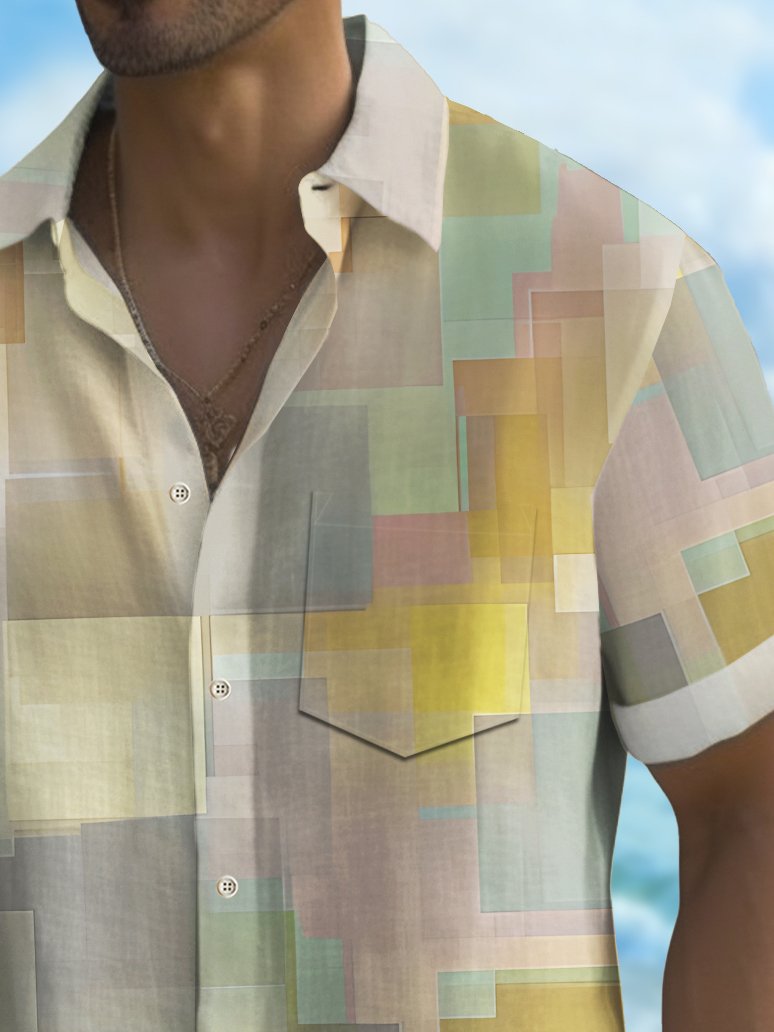 Alohadaddy Vintage Geometric Texture Print Chest Pocket Shirt Plus Size Men&
