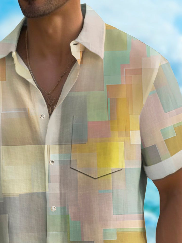 Alohadaddy Vintage Geometric Texture Print Chest Pocket Shirt Plus Size Men&