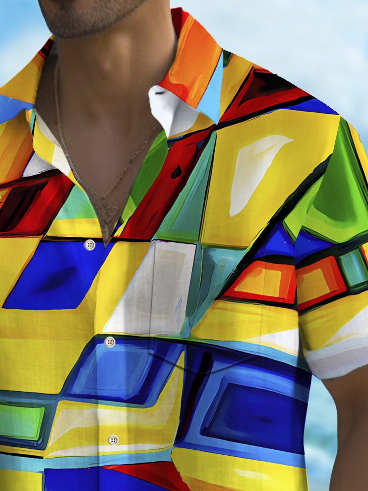 Alohadaddy Vintage Abstract Geometric Texture Print Chest Pocket Shirt Plus Size Men&