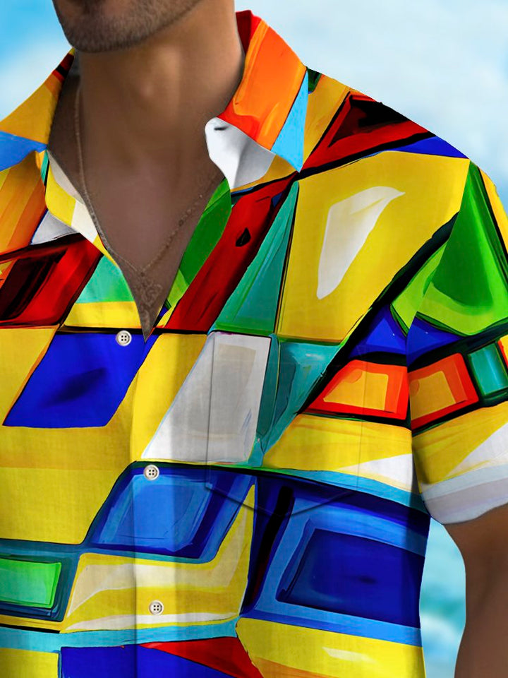 Alohadaddy Vintage Abstract Geometric Texture Print Chest Pocket Shirt Plus Size Men&