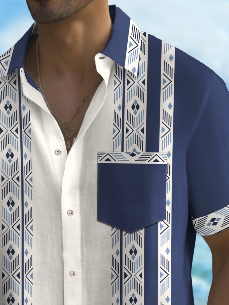 Alohadaddy Vintage Bowling Ethnic Pattern Stripe Print Chest Pocket Shirt Plus Size Men&