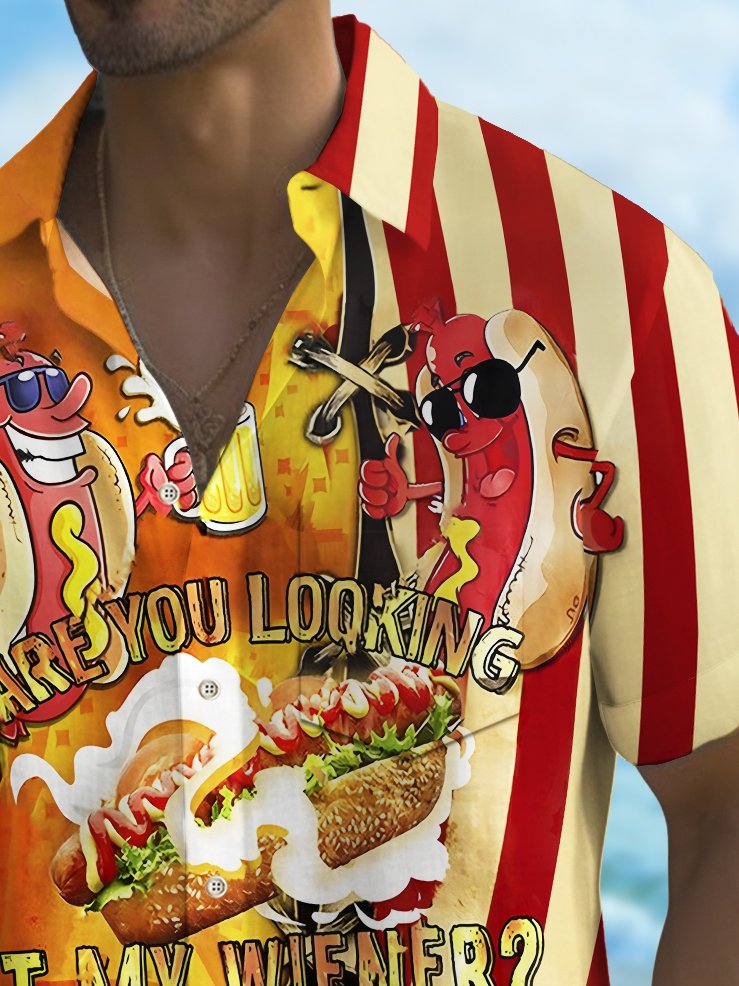 Camisa de manga corta transpirable informal con estampado de perro caliente y bandera del Día de la Independencia para hombre de Alohadaddy Holiday, talla grande