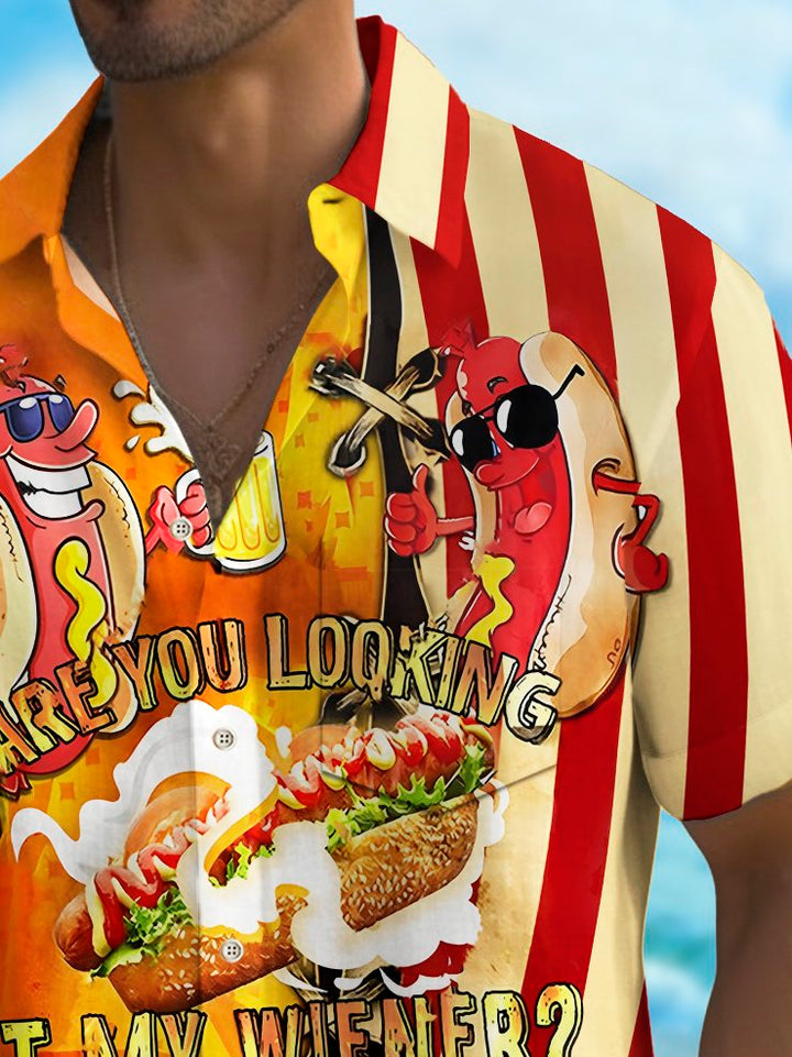 Camisa de manga corta transpirable informal con estampado de perro caliente y bandera del Día de la Independencia para hombre de Alohadaddy Holiday, talla grande
