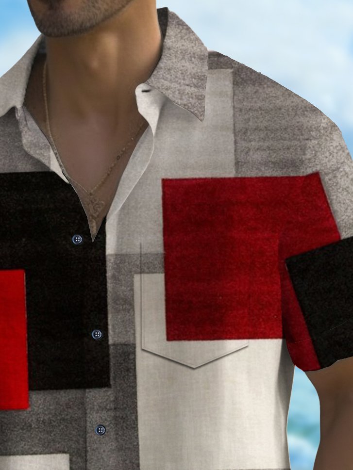 Alohadaddy Vintage Geometric Art Print Chest Pocket Shirt Plus Size Men&