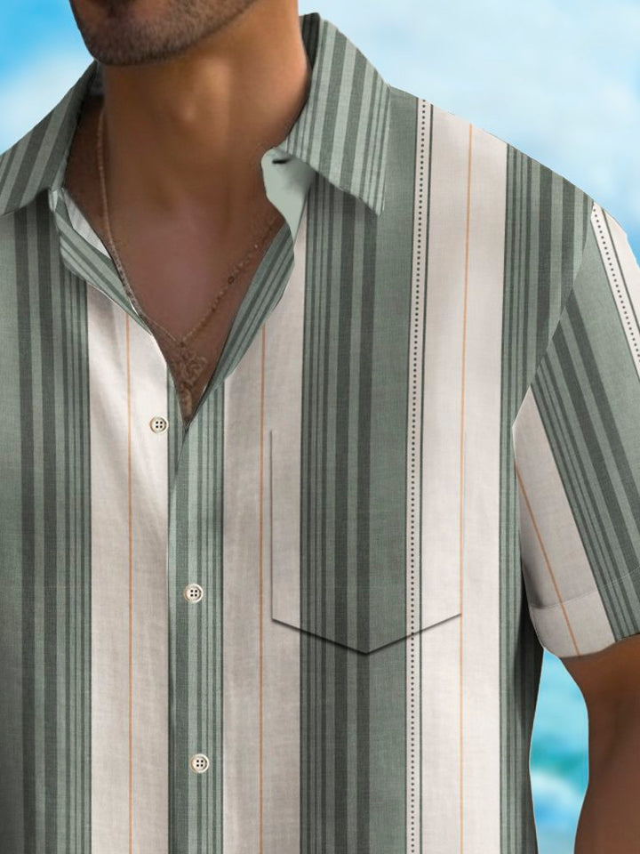 Alohadaddy Vintage Striped Print Chest Pocket Shirt Plus Size Men&