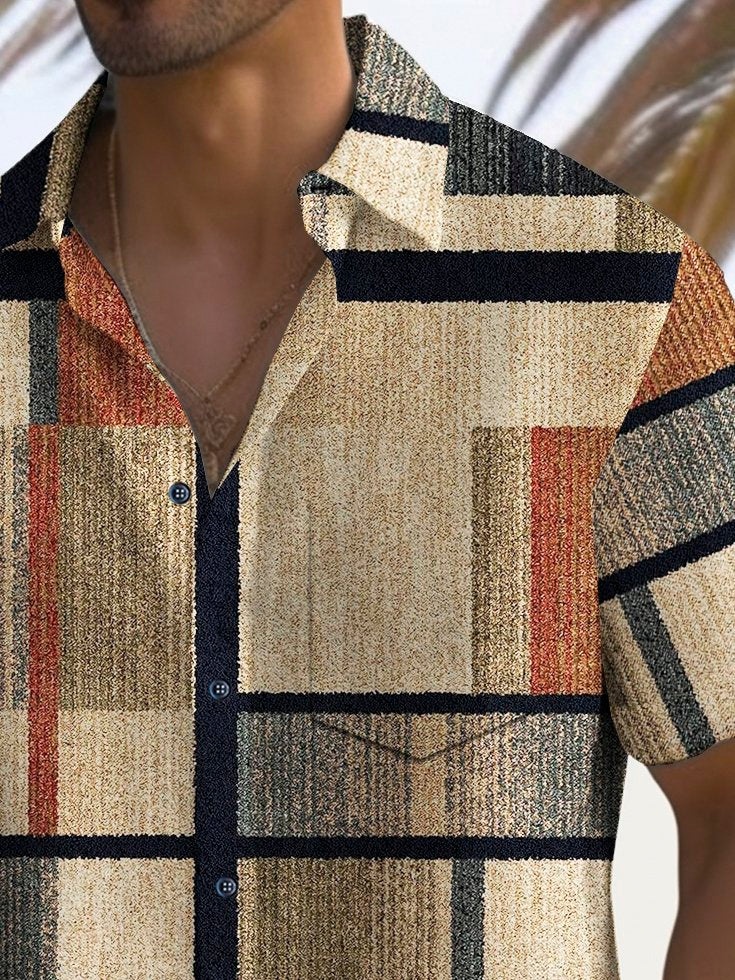 Alohadaddy Vintage Geometric Print Chest Pocket Shirt Plus Size Men&