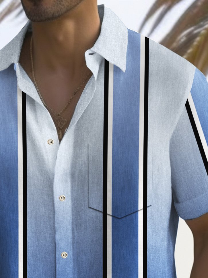 Alohadaddy Vintage Bowling Stripe Gradient Print Chest Pocket Shirt Plus Size Men&
