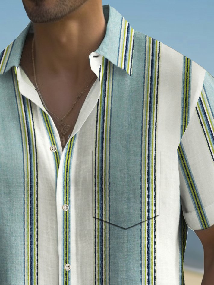 Camisa de hombre de manga larga con bolsillo en el pecho y estampado de rayas estilo bolos vintage de Alohadaddy