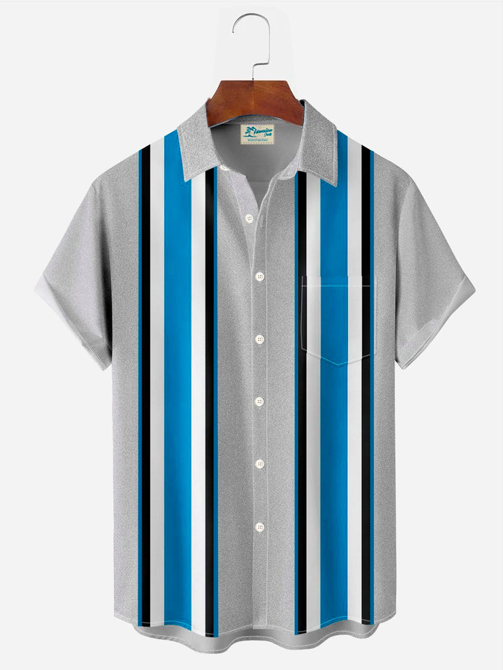 Camisa de manga corta con bolsillo abotonado y estampado 3D de rayas estilo bolos retro de Alohadaddy para hombre, talla grande y alta