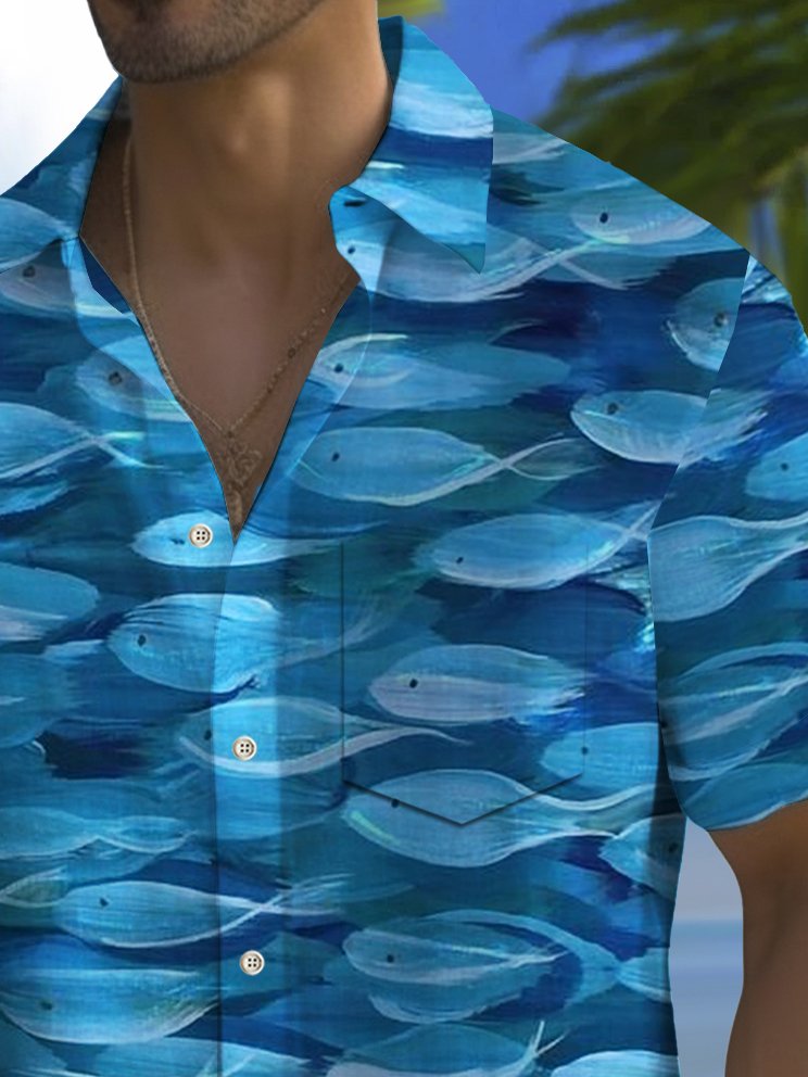 Camisa hawaiana con estampado de peces y bolsillo para acampar para hombre de Alohadaddy Beach Vacation, talla grande