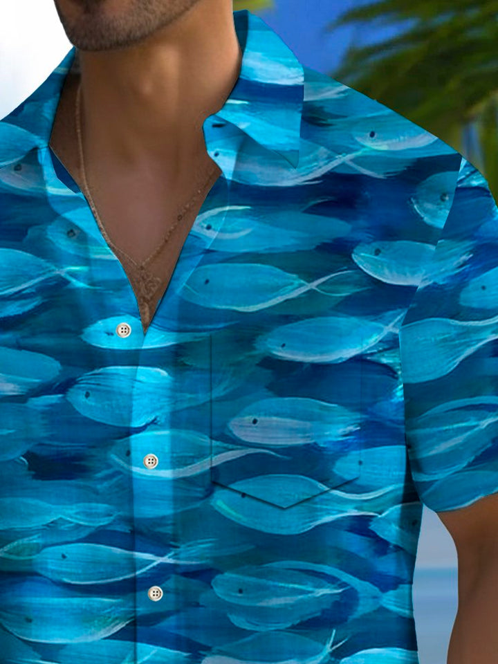Camisa hawaiana con estampado de peces y bolsillo para acampar para hombre de Alohadaddy Beach Vacation, talla grande