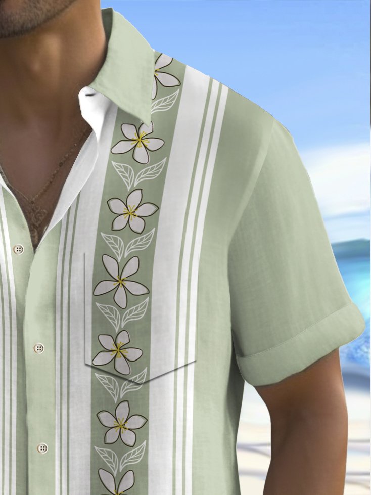 Alohadaddy Vintage Bowling Floral Stripe Print Chest Pocket Men&
