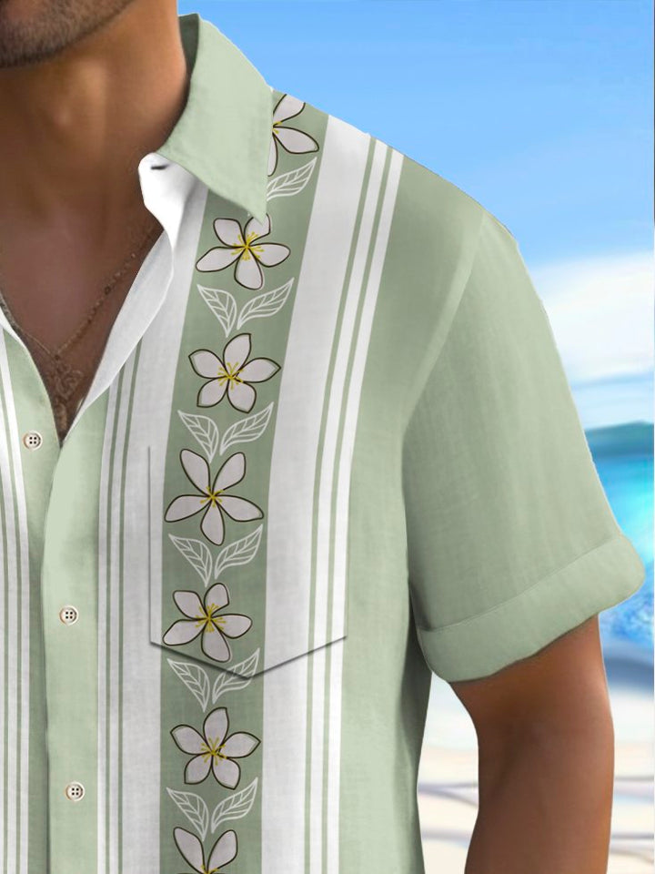 Alohadaddy Vintage Bowling Floral Stripe Print Chest Pocket Men&