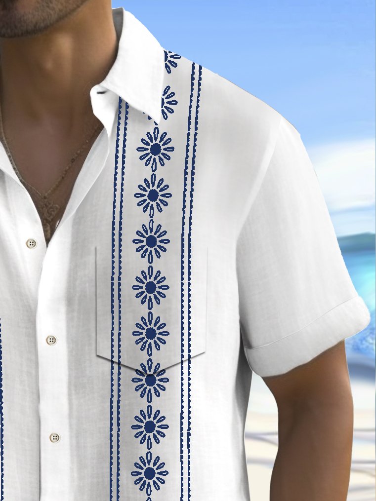 Alohadaddy Vintage Bowling Ethnic Floral Stripe Print Chest Pocket Men&