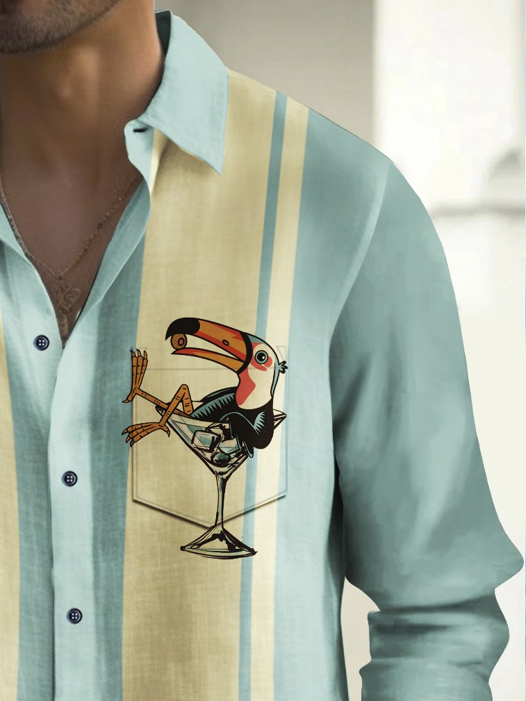 Alohadaddy Vintage Bowling Toucan Cocktail Print Chest Pocket Shirt Plus Size Men&