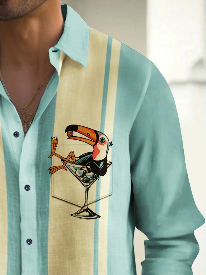 Alohadaddy Vintage Bowling Toucan Cocktail Print Chest Pocket Shirt Plus Size Men&