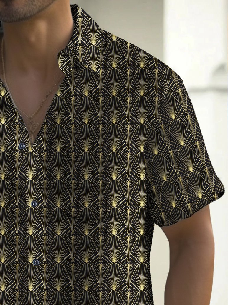 Camisa de hombre Alohadaddy vintage con estampado geométrico en dorado y negro y bolsillo en el pecho, talla grande