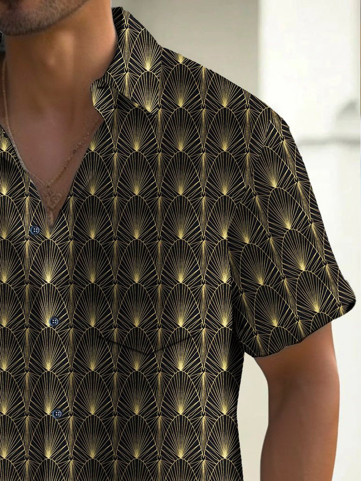 Camisa de hombre Alohadaddy vintage con estampado geométrico en dorado y negro y bolsillo en el pecho, talla grande