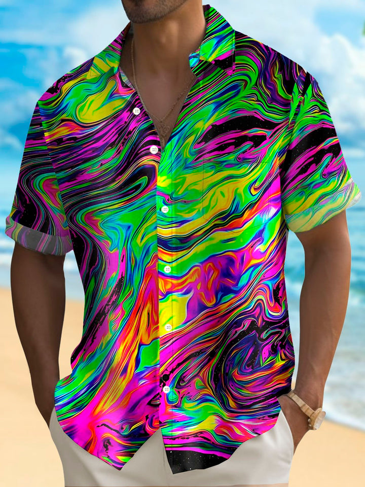 Camisa de manga corta con bolsillo abotonado y estampado digital 3D con degradado abstracto retro para hombre de Alohadaddy, talla grande y alta