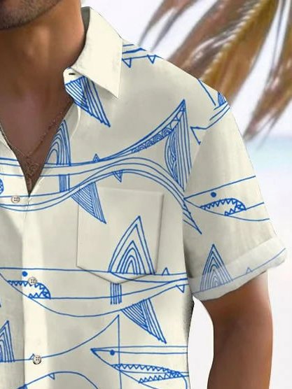 Camisa de cuello alto con bolsillo en el pecho y estampado de rayas de peces vintage para hombre de Alohadaddy, talla grande