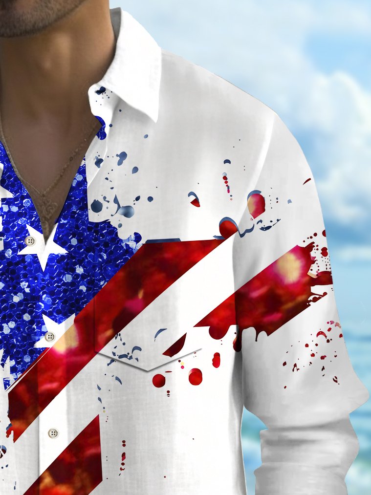 Alohadaddy Vintage Flag Cross Print Chest Pocket Shirt Plus Size Men&