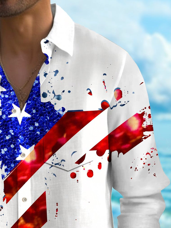 Alohadaddy Vintage Flag Cross Print Chest Pocket Shirt Plus Size Men&