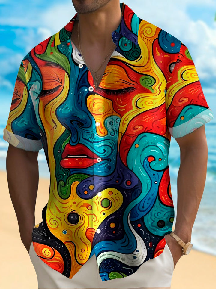 Camisa de manga corta con bolsillo abotonado y estampado digital 3D de arte abstracto con cara retro de Alohadaddy para hombre, talla grande y alta