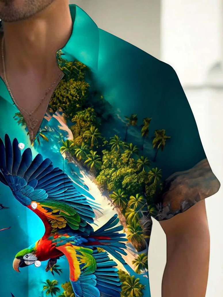 Camisa hawaiana para hombre Alohadaddy Beach Vacation con estampado de loros y bolsillo para acampar, talla grande