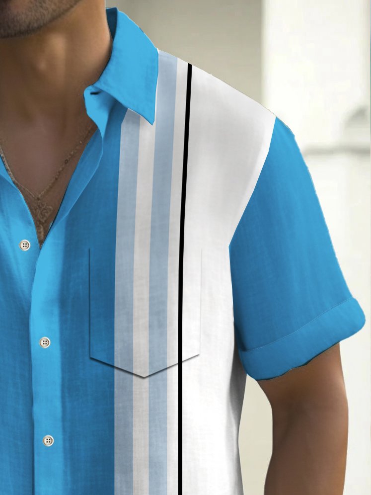 Alohadaddy Vintage Bowling Stripe Print Chest Pocket Shirt Plus Size Men&