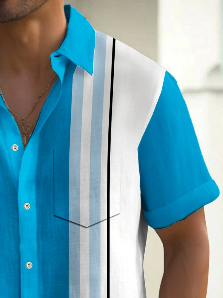 Alohadaddy Vintage Bowling Stripe Print Chest Pocket Shirt Plus Size Men&