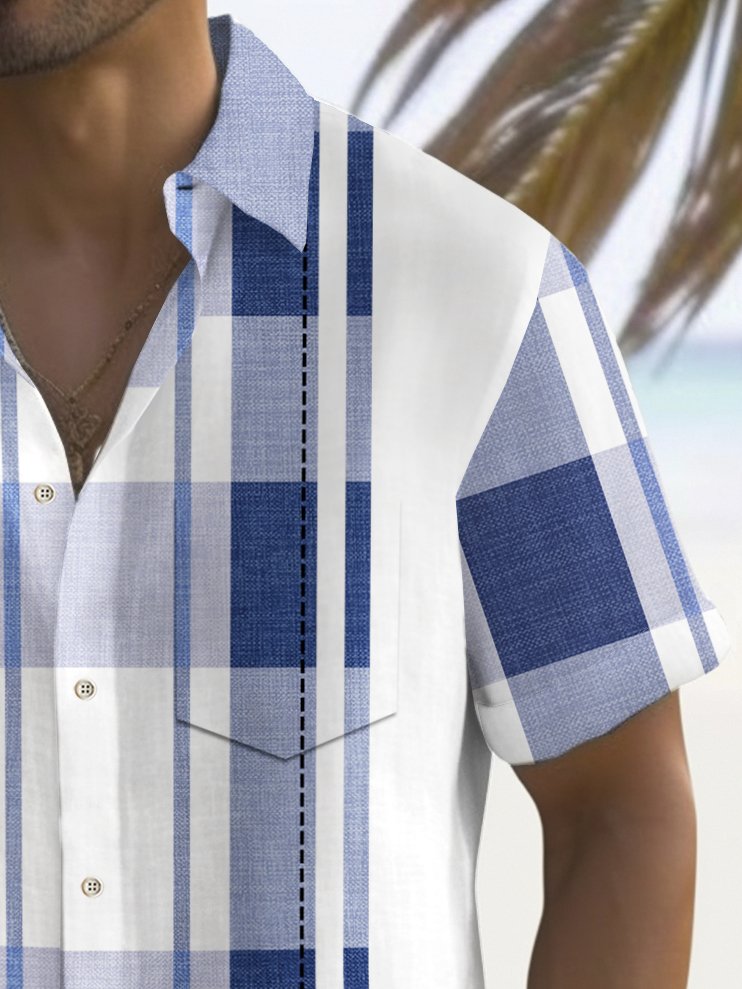 Alohadaddy Vintage Bowling Geometric Print Chest Pocket Shirt Plus Size Men&
