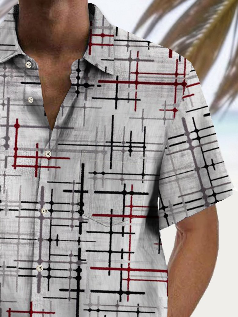 Alohadaddy Vintage Geometric Texture Print Chest Pocket Shirt Plus Size Men&